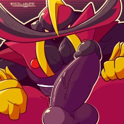 balls clothed clothing digital_media_(artwork) erection fizzyjay genitals hi_res humanoid kingambit looking_at_viewer male muscular muscular_male nintendo penis pokémon_(species) pokemon simple_background solo video_games