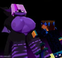 1boy 1girls 3d anilem_(mjbt) dragon_girl giantess horns human humanoid large_breasts looking_down melinajbt mine-imator minecraft multicolored_hair nude_female purple_eyes pussy tagme the_end_(minecraft) thighhighs wings