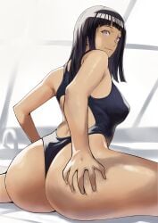 1girls absurdres arad_baranga ass ass_focus ass_grab back_view bangs black_hair blunt_bangs bottom_heavy breasts competition_swimsuit covered_erect_nipples female female_only from_behind grabbing_own_ass hand_on_ass hand_on_own_ass highres hime_cut huge_ass hyuuga_hinata indoors large_breasts light-skinned_female light_skin light_smile long_hair looking_at_viewer looking_back milf mother naruto naruto:_the_last naruto_(series) naruto_shippuden one-piece_swimsuit pool poolside puffy_nipples school_swimsuit sitting solo solo_focus straight_hair swimsuit thighs tight_clothing tight_swimsuit wariza white_eyes