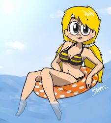 1girls :3 alternate_version_available barefoot beach bikini breasts censored cute floatie floaty_tube julane_(writers_crusaders) looking_at_viewer ocean sea seaside solo_female striped_bikini thick_thighs twintails wcjuan writers_crusaders yellow_hair