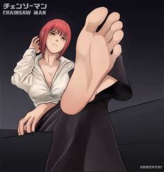 barefoot barefoot_under_trousers chainsaw_man dominant_female feet female female_only femdom foot_fetish foot_focus greek_toe long_hair makima_(chainsaw_man) office_lady red_hair shoarts soles solo solo_female text toes translated white_skin yellow_eyes