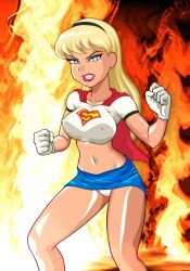 1girls angry big_breasts blonde_hair blue_eyes breasts cape clothing dc dc_comics dcau dtms female female_kryptonian female_only glowing hairband headband kara_zor-el kryptonian midriff panties skirt supergirl superman:_the_animated_series superman_(series) underwear white_gloves white_shirt