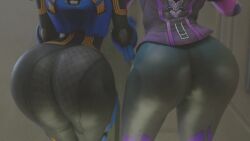 2girls 3d against_wall animated arched_back ass ass_focus ass_jiggle ass_squish ass_to_ass back back_view big_ass blizzard_entertainment bodysuit brown_hair butt_squish cadet_oxton close-up clothed clothed_female clothes clothing cybernetics dark-skinned_female dark_skin duo edit fap_to_beat female female_only fully_clothed gloves hair handwear hat headwear human human_only jiggle jiggling jiggling_ass kishi large_ass legs_apart legs_together light-skinned_female light_skin looking_away medium_hair mp4 multicolored_hair multiple_girls music overwatch overwatch_2 presenting presenting_hindquarters purple_hair rear_view shaved_side short_hair side_shave skin_tight sombra sound standing thick_thighs thighs tight_clothing tracer video wide_hips