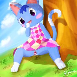 animal_crossing anthro blue_body censored day domestic_cat felid feline felis female genitals hi_res mammal nintendo outside prafalc purple_eyes pussy rosie_(animal_crossing) solo spread_legs spreading video_games