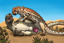 3:2 ankylosaurian ankylosaurid bodily_fluids claws day desert dinosaur dripping dunes duo erection feral feral_on_feral feral_penetrated feral_penetrating feral_penetrating_feral genital_fluids genitals interspecies lying male male/male male_penetrated male_penetrating male_penetrating_male on_side open_mouth open_smile ornithischian outside penetration penis pine.bone pink_penis pink_tongue plant precum precum_drip predator/prey predator_penetrated prey_penetrating prey_penetrating_predator reptile scalie sex sharp_claws sharp_teeth smile tarbosaurus tarchia teeth theropod thyreophoran tongue tyrannosaurid