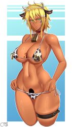 absurdres animal_ears animal_print bell bikini bleach blonde_hair blush breasts castell closed_mouth collarbone cow_ears cow_horns cow_print cowbell fake_animal_ears fake_horns female green_eyes highres horns large_breasts looking_at_viewer micro_bikini navel neck_bell shiny shiny_hair short_hair side-tie_bikini_bottom skindentation solo swimsuit tia_harribel