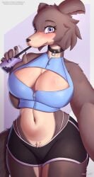 anthro anthro_only beastars belly_button big_breasts blush canid canine choker cleavage cleavage_cutout drink furry juno_(beastars) looking_at_viewer mammal nexcoyotlgt selfie shorts sipping solo solo_female straps thong_above_shorts thong_straps tuft wolf zipper