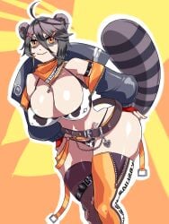 absurdres ahoge animal_ears animal_print belt bikini breasts cleavage cow_print erusantte female fingerless_gloves gloves grey_hair hair_between_eyes hand_on_hip highres humanoid indie_virtual_youtuber jacket large_breasts leaning_forward looking_at_viewer orange_eyes pale_skin raccoon raccoon_ears raccoon_tail racoon_girl red_gloves short_hair smile snuffy swimsuit tail thighhighs thighs virtual_youtuber wide_hips zipper