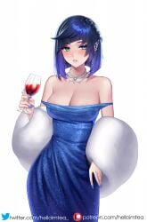 1girls bare_shoulders blue_dress blue_hair blush busty cleavage clothing dress drink drunk genshin_impact green_eyes helloimtea hi_res jewelry large_breasts lipstick looking_at_viewer makeup mature_female milf nail_polish necklace nipple_slip seductive short_hair strap_slip wardrobe_malfunction yelan_(genshin_impact)