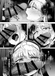 1boy ahoge bar_censor blush censored erection female flanvia greyscale habit highres imminent_fellatio monochrome nun open_mouth original penis penis_awe precum straight tongue tongue_out veil wide-eyed