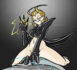 black_coat clothing electricity electrostimulation female handwear human imminent_electrostimulation kingdom_hearts larxene organization_xiii outerwear pale_skin penetration pubic_hair sex voidsdroids weapon