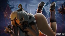 1girls big_ass big_breasts bottomless brown_hair female female_only fishnet_armwear fortnite halloween looking_at_viewer patch_(fortnite) solo solo_female