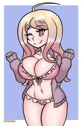 2022 afimaki ahoge akamatsu_kaede artist_logo artist_name bikini bikini_bottom bikini_top blonde blonde_female blonde_hair breasts cleavage danganronpa danganronpa_s:_ultimate_summer_camp danganronpa_v3 jacket large_breasts one_eye_closed open_jacket pink_bikini pink_bikini_bottom pink_bikini_top purple_eyes straight_hair thick_thighs thighs