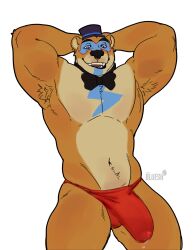 1boy absurd_res anthro armpit_hair arms_behind_head bear blue_eyes bluesh bodily_fluids body_hair bodypaint bow_tie bulge clothing face_paint five_nights_at_freddy's five_nights_at_freddy's:_security_breach fur gay genital_fluids glamrock_freddy_(fnaf) hands_behind_head hat headgear headwear hi_res leaking_precum male male_only mammal multicolored_body muscular muscular_anthro muscular_male navel precum scottgames smile solo speedo swimwear tan_body tan_fur teeth_showing top_hat two_tone_body ursid video_games