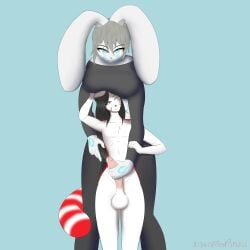 absurd_res ailurid anthro balls big_balls big_breasts big_penis black_hair blue_eyes bodily_fluids breasts duo female floppy_ears genital_fluids genitals girly grey_hair hair hi_res humanoid_genitalia humanoid_penis kawaiiredpandas lagomorph larger_female leporid long_hair male male/female mammal markings penis precum precum_string rabbit red_eyes red_panda scar short_hair size_difference thyra_(bunnination) white_body