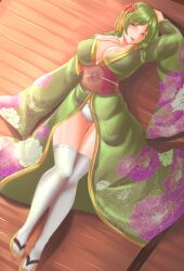 1girls alternate_costume areolae areolae_slip ass_visible_through_thighs bare_thighs braid breasts cleavage female female_only fire_emblem fire_emblem:_the_blazing_blade green_eyes green_hair japanese_clothes kimono large_breasts looking_at_viewer nintendo on_back open_mouth panties rebecca_(fire_emblem) rinku_bny smile solo thick_thighs thighhighs thighs twin_braids underwear white_panties