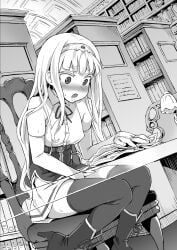 1girls asanagi black_and_white blush clothed clothed_masturbation drooling dutch_angle female female_masturbation female_only fully_clothed indoors library masturbation mesmerized nipple_bulge reading reading_book small_breasts stealth_masturbation under_the_table wide_eyed