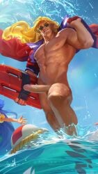 1boy balls belly_button big_pecs big_penis gloves huge_cock jacket league_of_legends lifeguard long_hair male male_focus male_only muscles muscular muscular_arms muscular_chest muscular_legs muscular_male nipples pecs penis phukart pool_party_series pool_party_taric six_pack smile smiling_at_viewer sunglasses surfboard taric teeth water yellow_hair