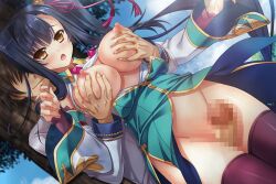 1boy1girl big_breasts black_hair censored chinese_girl female gold_eyes hongou_kazuto kan'u_unchou_(koihime) koihime†_(series) koihime_musou long_hair nipples sennen_sensou_aigis