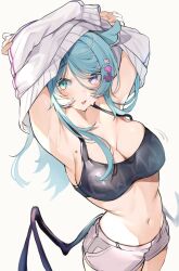 1girls armpits arms_up bare_midriff belly_button big_breasts blue_hair bra cleavage dragon_girl dragon_wings elira_pendora hair_wings head_wings heterochromia hip_wings looking_at_viewer midriff mole mole_under_armpits navel nijisanji nijisanji_en oimo_buster short_shorts sole_female solo solo_focus sweater sweater_lift taking_clothes_off taking_off_sweater virtual_youtuber white_background x_hair_ornament