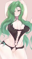 1girls annand_(fire_emblem) areolae arms_behind_head arms_up bare_thighs black_panties breasts crotchless crotchless_panties female female_only fire_emblem fire_emblem:_genealogy_of_the_holy_war frown green_eyes green_hair large_breasts lingerie long_hair looking_at_viewer nintendo nipples panties pose pussy see-through solo ta_dasu_(tadasu_hayashi) thick_thighs thighs underwear very_long_hair wide_hips