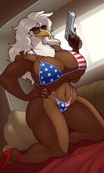 american_flag_bikini anthro armed avian belly_button big_thighs bikini bird blazbaros desert_eagle eagle furry gun hand_on_hip heels huge_breasts kneeling large_breasts oc original_character solo solo_female sunglasses swimsuit weapon