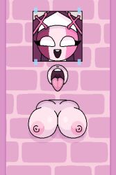 breasts fapwall female friday_night_funkin friday_night_funkin_mod glory_hole naked nun open_mouth pink_skin sarvente_(dokki.doodlez) shy_jaz solo_female stuck stuck_in_wall through_wall