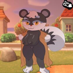 2022 amber_eyes animal_crossing bells big_breasts blue_fur breasts breasts_out flashing_breasts furry nintendo nipples nyeruart overalls prostitution pussy shortstack squirrel squirrel_humanoid squirrel_tail tasha_(animal_crossing) thick_thighs thighs