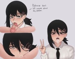 1girls all_the_way_to_the_base black_hair blowjob blowjob_face chainsaw_man clothed_female clothed_female_nude_male clothed_sex cum cum_bubble cum_in_mouth cum_inside cum_on_tongue deepthroat dialogue english_text female femdom hi_res higashiyama_kobeni licking licking_penis looking_at_viewer malesub open_mouth peace_sign penis penis_lick pov rolling_eyes secret sloppy_blowjob sloppy_blowjob_devil uncensored yago_rilla