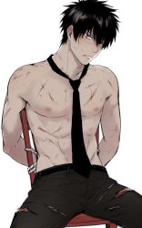 alternate_costume angry arms_behind_back arms_tied_behind_back black_hair blood cuts feiqiuxuan gintama hijikata_toshiro looking_at_viewer male male_only necktie restrained rope sitting solo tied_to_chair tied_up topless topless_male torn_clothes torture wounded