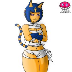 1girls 2022 animal_crossing ankha ankha_(animal_crossing) blue_hair breasts cat_tail catgirl cleavage crossed_arms curvy egyptian female front_view huge_thighs navel nintendo purple_eyes solo standing thick thick_thighs thighs wide_hips yellow_body zirot