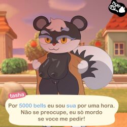 2022 amber_eyes animal_crossing bells big_breasts blue_fur breasts breasts_out flashing_breasts furry nintendo nipples nyeruart overalls prostitution pussy shortstack squirrel squirrel_humanoid squirrel_tail tasha_(animal_crossing) thick_thighs thighs