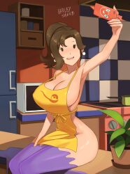 apron ass barleyshake breasts ditto milf mother_(pokemon_sv) naked_apron pokémon_(species) pokemon pokemon_(species) pokemon_sv rotom rotom_phone thin_waist