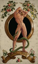 adaptabel apple covering_face english_text flaccid flaccid_penis male male_only muscles muscular muscular_male nude posing snake