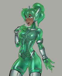 /co/lette ass breasts cyborg female goo_girl goo_transformation green_eyes mechanical_spine navel post_transformation psudolewd psudonym story_at_source thick_thighs transformation wide_hips