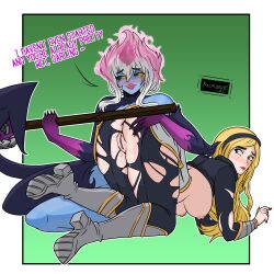 big_ass blonde_hair blue_eyes clothed demacia demon_girl doggy_style_position evelynn fanart kaimaruz league_of_legends luxanna_crownguard rape succubus torn_clothes yuri