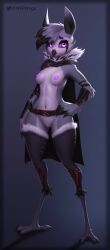 absurd_res anthro armor avian beak belt bird breasts cape clothed clothing eyelashes feathers female genitals hi_res legwear nipples partially_clothed purple_body purple_eyes purple_feathers purple_nipples purple_pussy purple_sclera pussy signature simple_background small_breasts solo thigh_highs w4g4