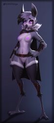 anthro armor avian beak belt bird breasts cape clothed clothing eyelashes feathers female genitals hi_res legwear nipples partially_clothed purple_body purple_eyes purple_feathers purple_nipples purple_pussy purple_sclera pussy signature simple_background small_breasts solo thigh_highs w4g4