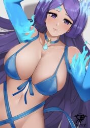 1girls artist_logo bikini blue_bikini blue_hair blush breasts brighid_(xenoblade) female flaming_hair huge_breasts kaos_art light-skinned_female light_skin long_hair looking_at_viewer mature_female milf monolith_soft nintendo purple_eyes smile smiling_at_viewer xenoblade_(series) xenoblade_chronicles_2