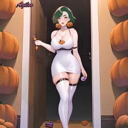 agiloo ai_generated cleavage dress earrings green_hair latex latex_clothing latex_legwear latex_stockings latex_suit latex_thighhighs pumpkin trick_or_treat