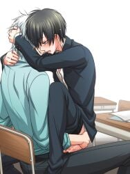 2boys anal anal_sex black_hair blue_eyes bodily_fluids class_3-z classroom clothed_sex cum desk gakuran gintama gintoki_sakata hair_grab hand_on_another's_head hijikata_toshiro implied_anal konikou_(konico) male male_only official_alternate_costume pants_down school_desk school_uniform sitting sitting_on_lap sitting_on_person teacher teacher_and_student tears yaoi