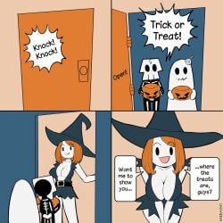 age_difference bent_over big_breasts blackcat18up breasts cleavage comic halloween halloween_costume mob_face size_difference smiling text text_bubble trick_or_treat