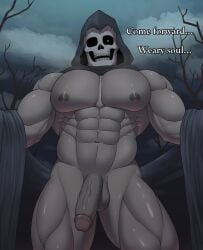 abs balls bone brizzytt clothing death_(personification) dialogue erection genitals grim_reaper hi_res large_pecs looking_at_viewer male muscular muscular_male nude penis skull skull_head solo solo_male ttbrizzy undressing vein veiny_penis