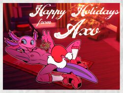 1boy 2022 amphibian anthro axo_(fortnite) axolotl blue_sclera blush christmas christmas_clothing christmas_headwear clothing english_text epic_games footwear fortnite hand_behind_head hat hat_on_penis headgear headwear highres holding_holly holidays holly_(plant) lying male male_only marine mole_salamander nipples on_back plant postcard salamander_(amphibian) santa_hat shoes smile solo spread_legs spreading text the-alfie-incorporated tongue tongue_out video_games