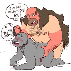 anal_sex blush boner daddy dialogue_bubble dilf domination erection fat_man gay gray_body greg_universe hairy_male hardcore hip_grab long_hair male_only moan necklace nude on_fours precum puri_porn purico rough_sex saliva_drip steven_universe tongue_out