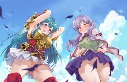 2girls :o absurdres aqua_hair armor armpits arms_up ass_visible_through_thighs blue_eyes blue_sky blush breastplate cape cloud cloudy_sky commission convenient_censoring eirika_(fire_emblem) falling_leaves female female_only fire_emblem fire_emblem:_path_of_radiance fire_emblem:_radiant_dawn fire_emblem:_the_sacred_stones from_below full-face_blush gloves green_shirt hair_ribbon highres ilyana_(fire_emblem) leaf long_hair looking_down low_twintails miniskirt multiple_girls nintendo no_panties pixiv_commission purple_eyes purple_hair purple_skirt red_gloves red_shirt ribbon ru_roiroiro shirt skirt sky teeth thick_thighs twintails upskirt very_long_hair wavy_mouth white_skirt wind wind_lift