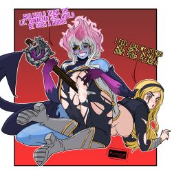 ahe_gao big_ass blonde_hair blue_eyes clothed cum demacia demon_girl doggy_style_position evelynn fanart female_cum kaimaruz league_of_legends luxanna_crownguard rape runny_makeup succubus torn_clothes