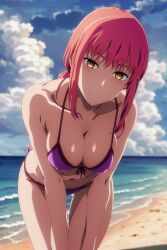 1girls ai_generated beach bent_over braided_ponytail breasts chainsaw_man cleavage cloud female female_only human large_breasts looking_at_viewer makima_(chainsaw_man) nai_diffusion purple_bikini red_hair sky stable_diffusion tagme yellow_eyes