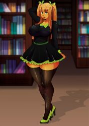 1girls big_breasts blonde_hair breasts brown_body brown_skin busty curvaceous curvy cute dark-skinned_female dark_skin dress eyebrows eyes female female_only green_dress green_eyes hair high_heels hips hourglass_figure huge_breasts ladycandy2011 large_breasts legs library lips original original_character pigtails standing stockings thick thick_legs thick_thighs thighs voluptuous waist wide_hips