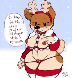 2018 antler_accessory bedroom_eyes bell bell_harness blush breasts brown_body brown_fur canid canine canis christmas clothing costume crotch_tuft domestic_dog exposed_breasts female fur gesture harness hi_res holidays inner_ear_fluff jingle_bell jingle_bell_harness legwear lilberry mammal narrowed_eyes nipples olive_(olive_the_other_reindeer) pointing pointing_at_self pulling_underwear reindeer_costume santa_costume seductive simple_background solo speech_bubble stockings tail_motion tailwag thick_thighs thong tongue tongue_out tuft underwear wide_hips